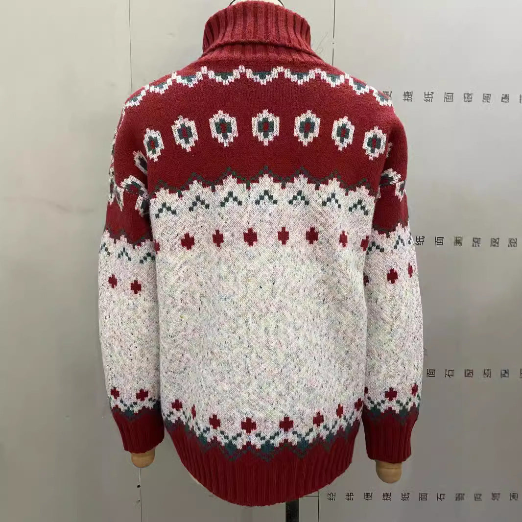 Turtleneck Knitted Sweater Christmas Loose Long Sleeve Jacquard Tops For Women Clothing